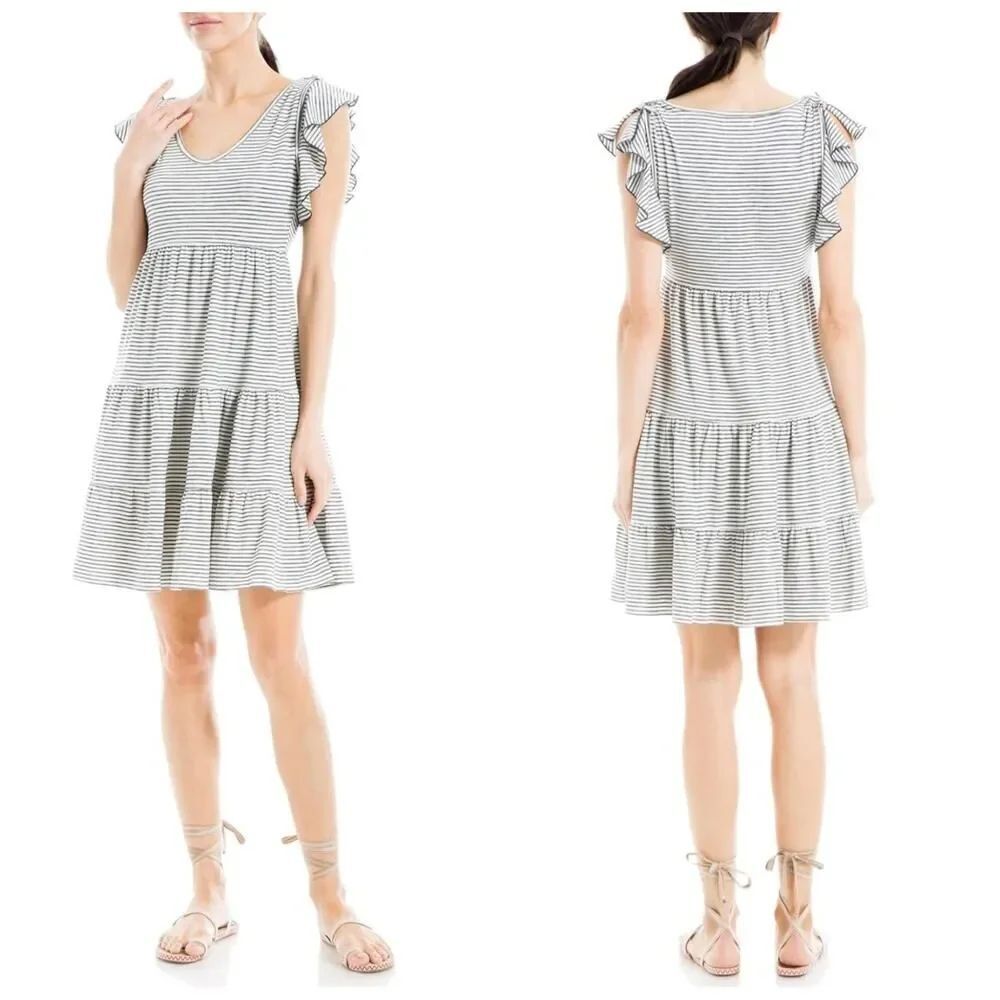 Max Studio striped jersey ruffle sleeve tiered V-neck dress sz M
